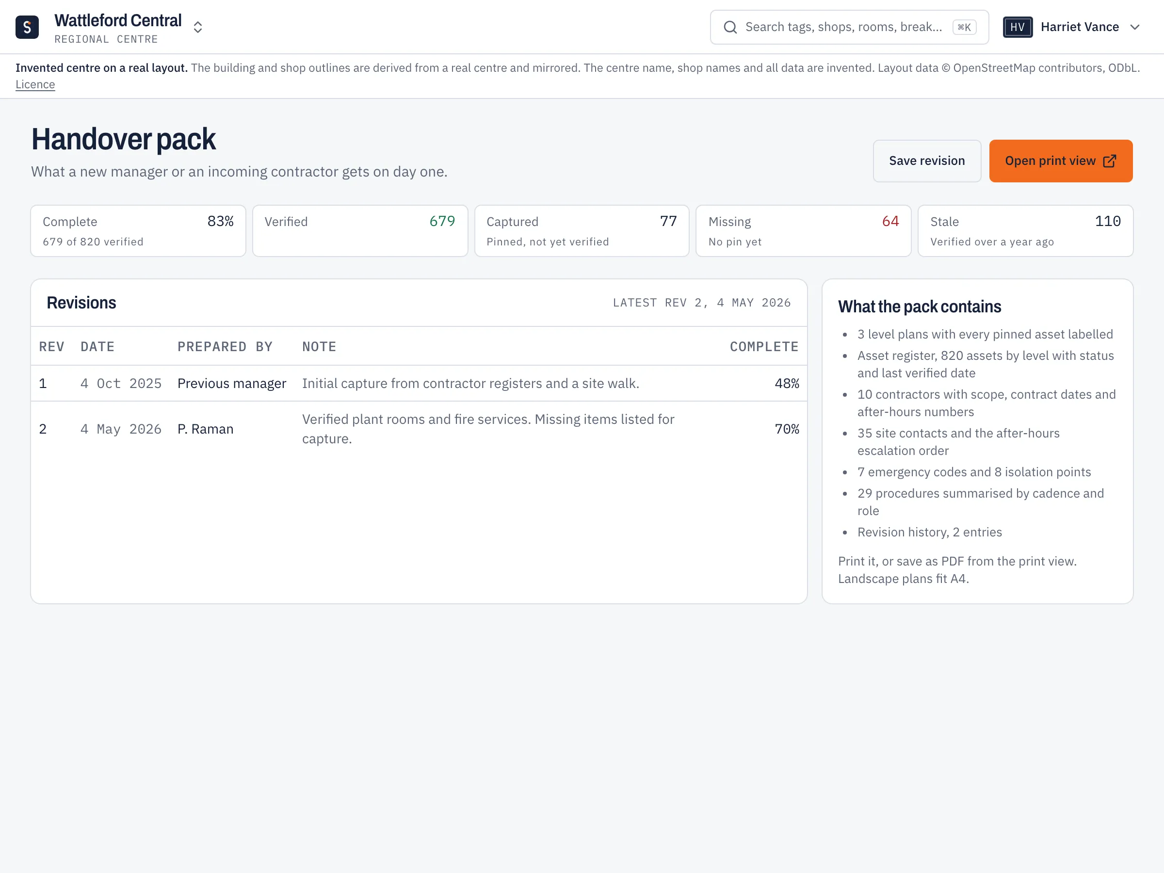 Handover pack screen with revision history and completeness