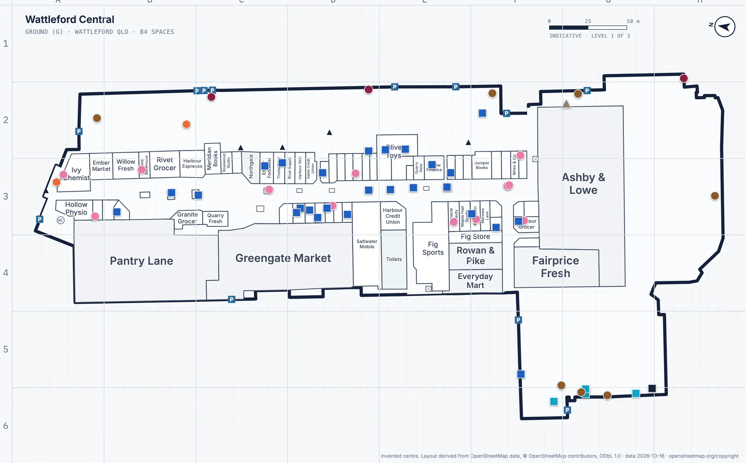 Wattleford Central ground floor with distribution boards, switchboards, the fire panel, air handling units, chillers and pumps pinned on the plan